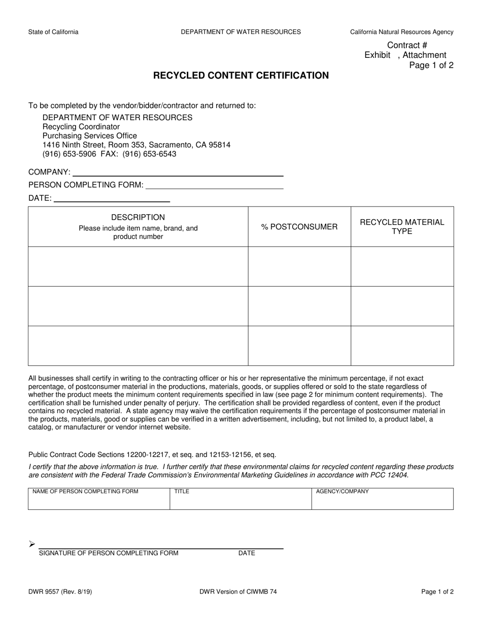 Form DWR9557 Recycled Content Certification - California, Page 1