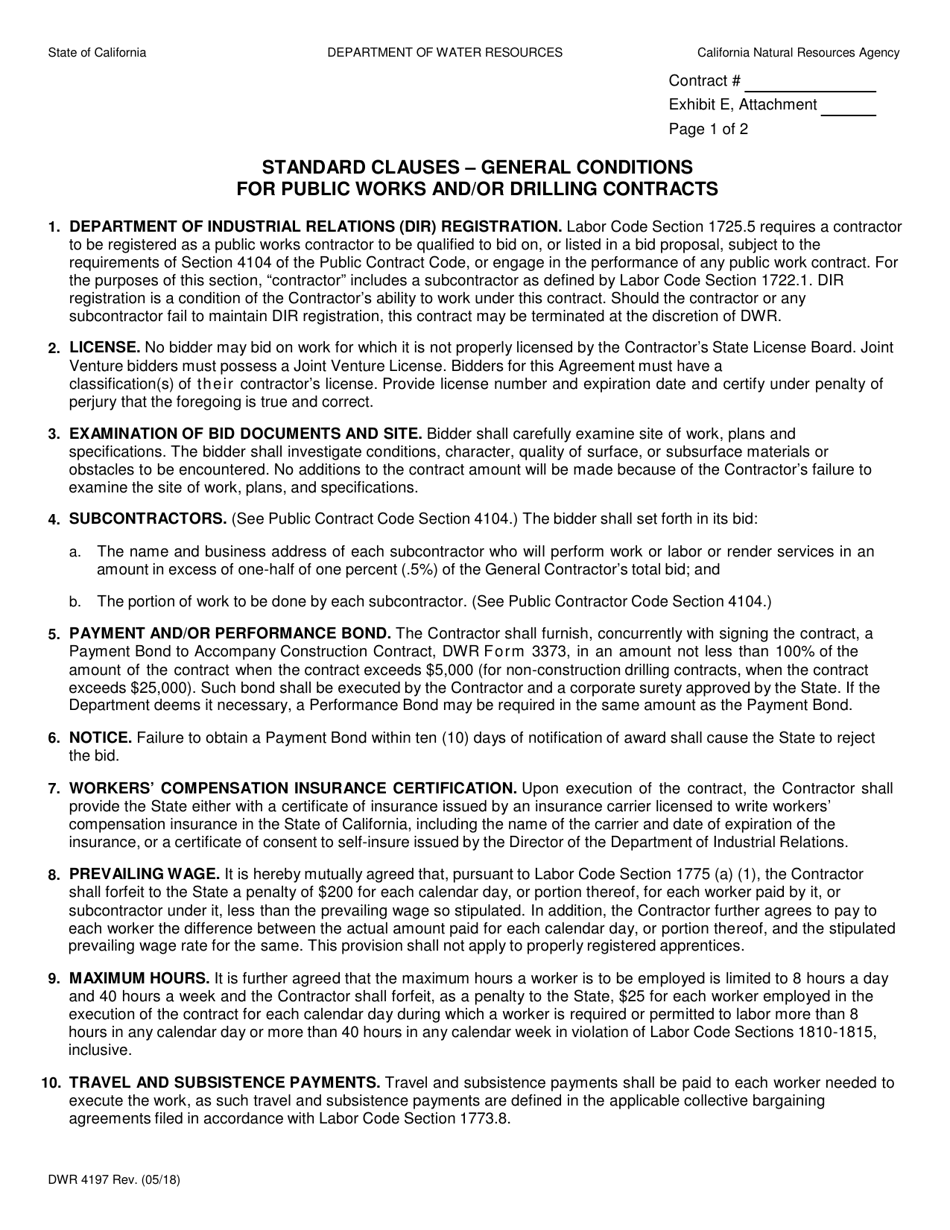 Form DWR4197 Standard Clauses - General Conditions for Public Works and / or Drilling Contracts - California, Page 1
