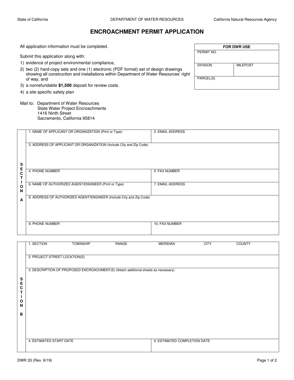 Form DWR33 Encroachment Permit Application - California, Page 1