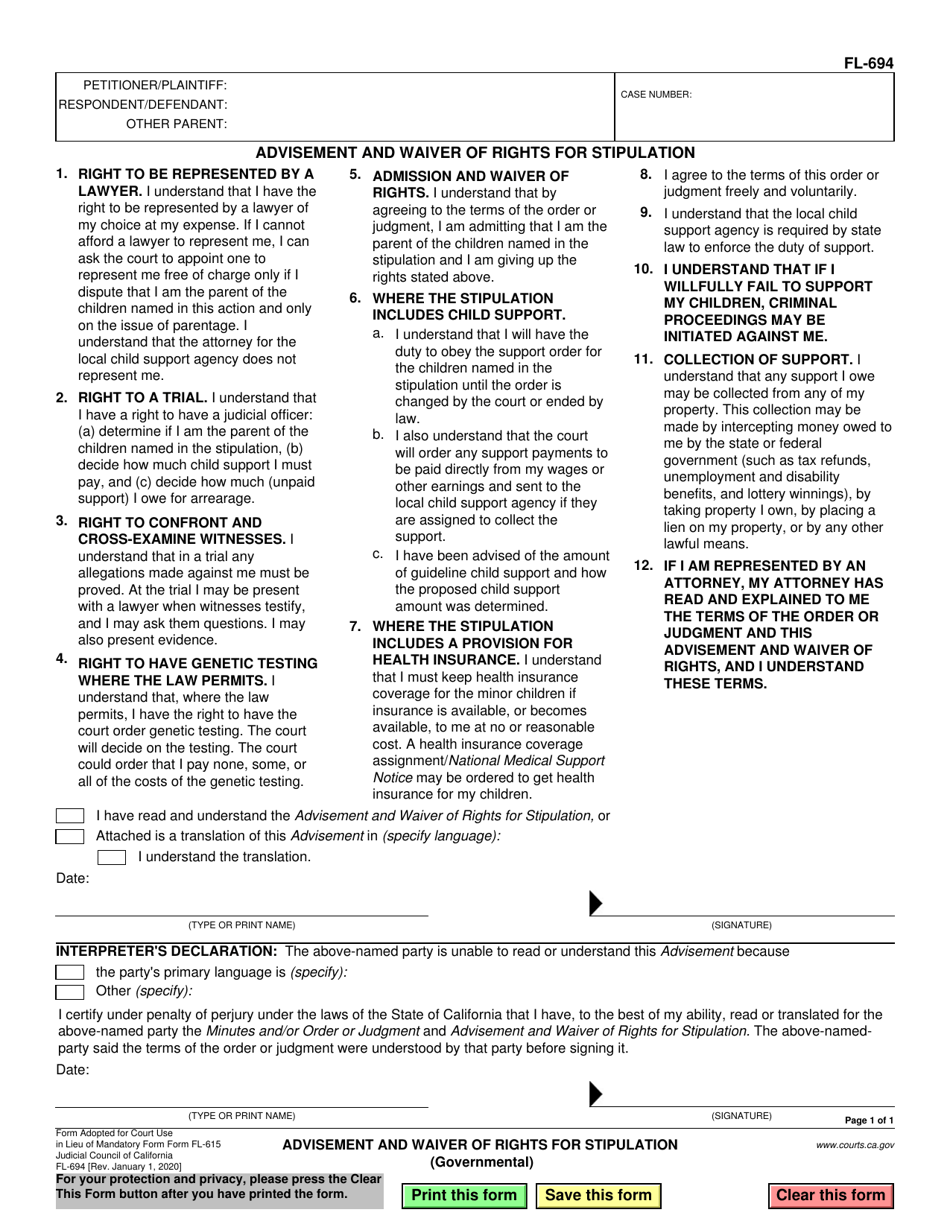 Form FL-694 Download Fillable PDF or Fill Online Advisement and Waiver ...