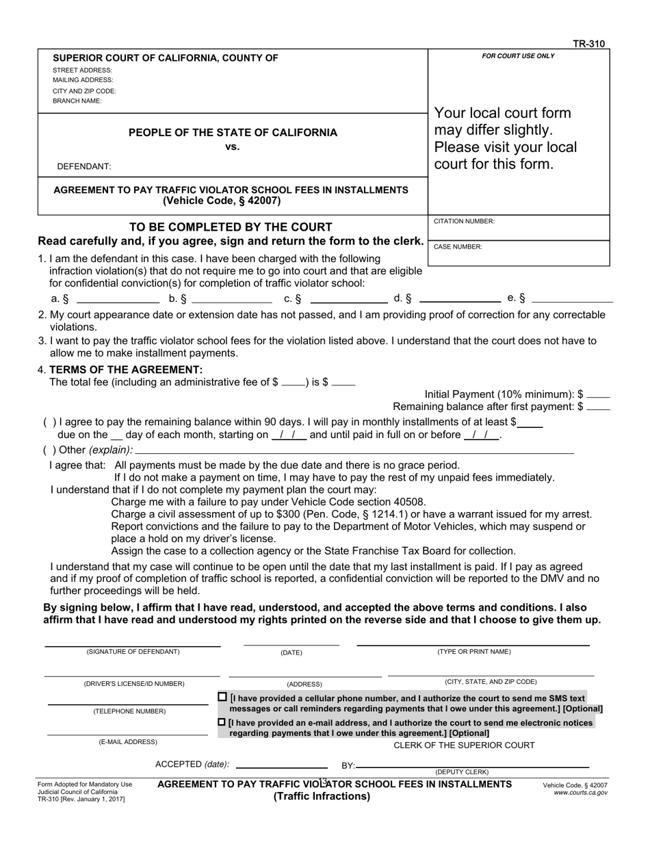 Form TR-310 Agreement to Pay Traffic Violator School Fees in Installments - California, Page 1