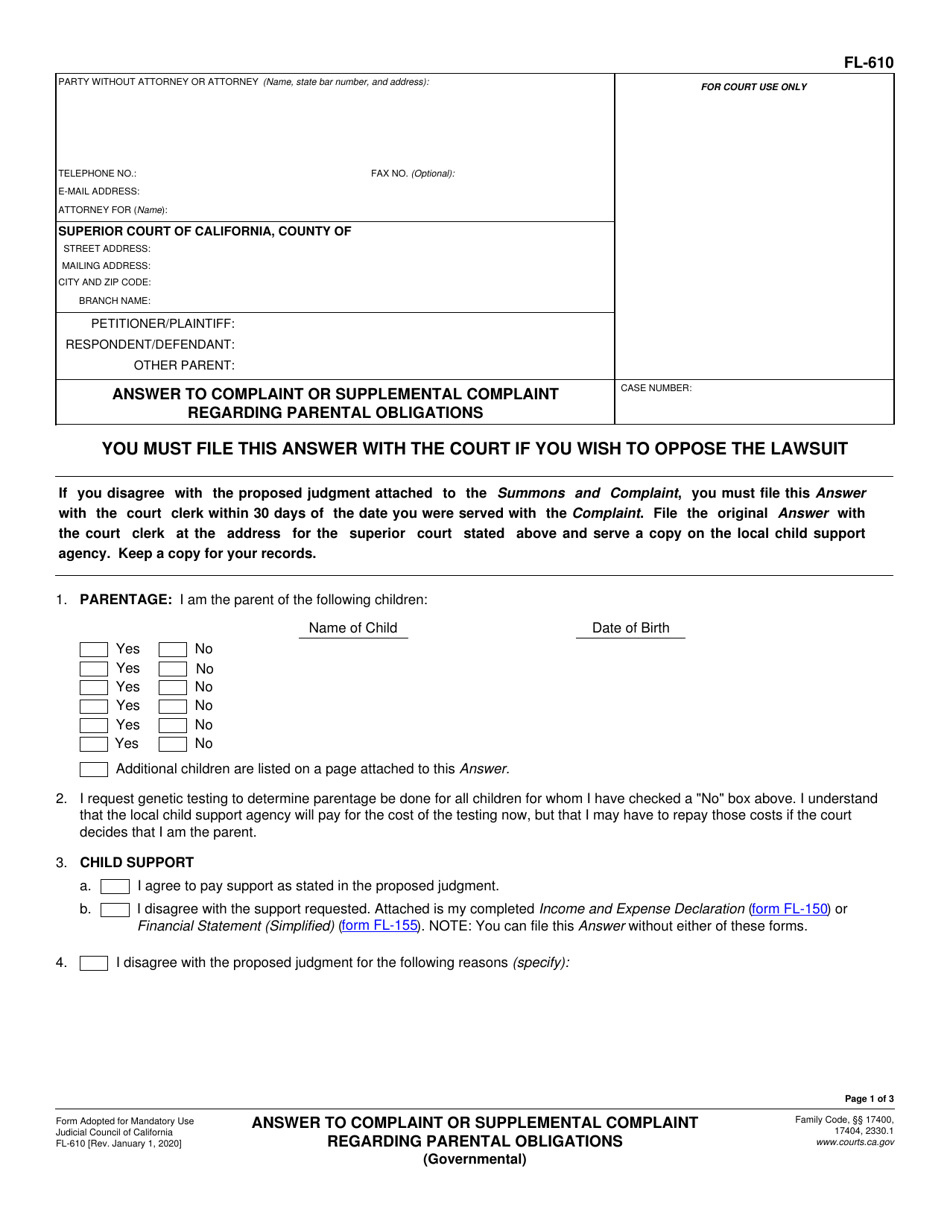 Form FL-610 Answer to Complaint or Supplemental Complaint Regarding Parental Obligations - California, Page 1