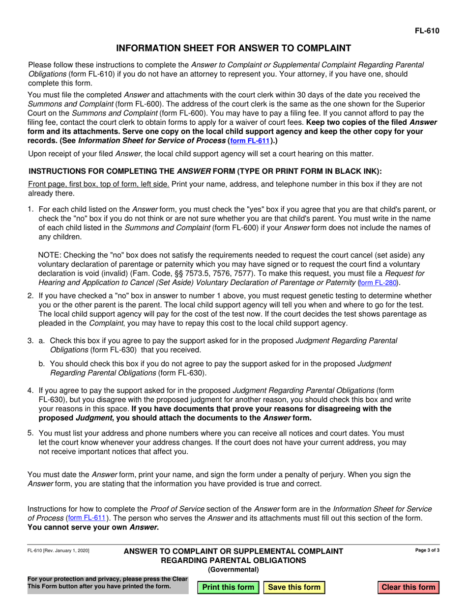 Form FL-610 Answer to Complaint or Supplemental Complaint Regarding Parental Obligations - California, Page 3