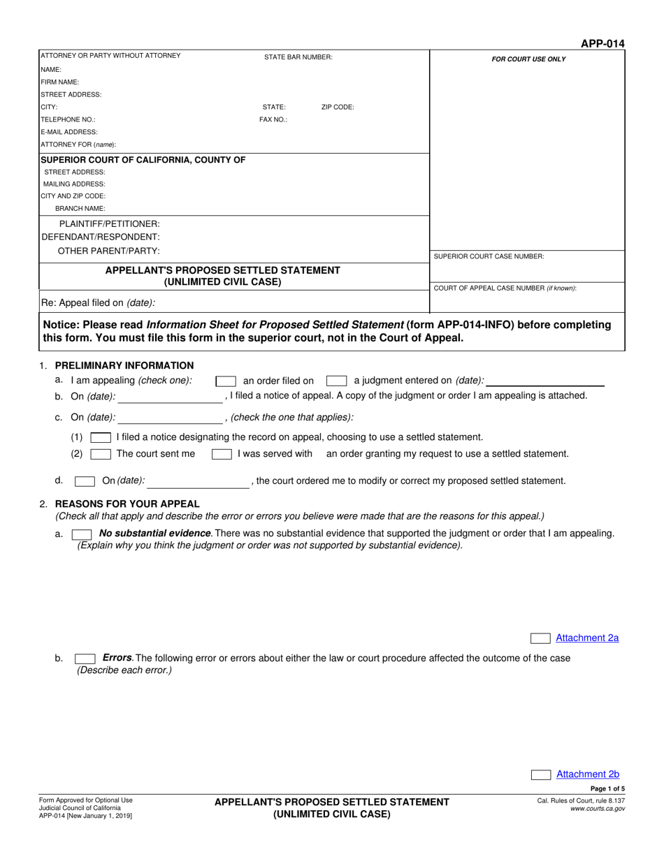 Form APP-014 Appellants Proposed Settled Statement (Unlimited Civil Case) - California, Page 1