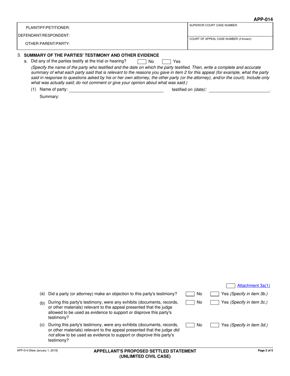 Form APP-014 Appellants Proposed Settled Statement (Unlimited Civil Case) - California, Page 2