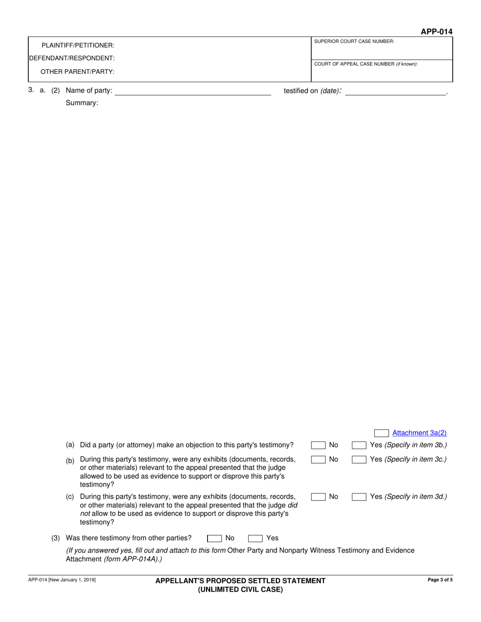 Form APP-014 Appellants Proposed Settled Statement (Unlimited Civil Case) - California, Page 3