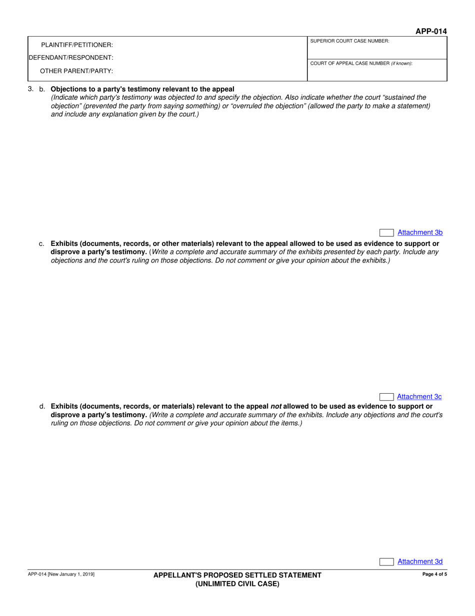 Form APP-014 Appellants Proposed Settled Statement (Unlimited Civil Case) - California, Page 4