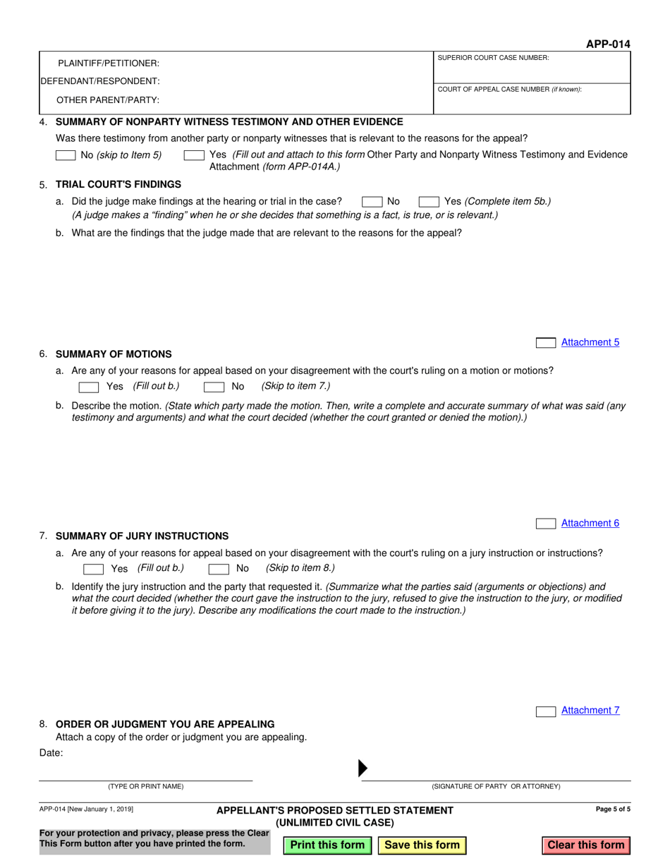 Form APP-014 Appellants Proposed Settled Statement (Unlimited Civil Case) - California, Page 5