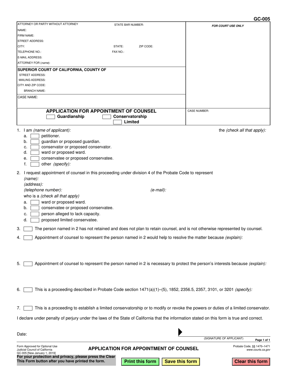 Form GC-005 Application for Appointment of Counsel - California, Page 1