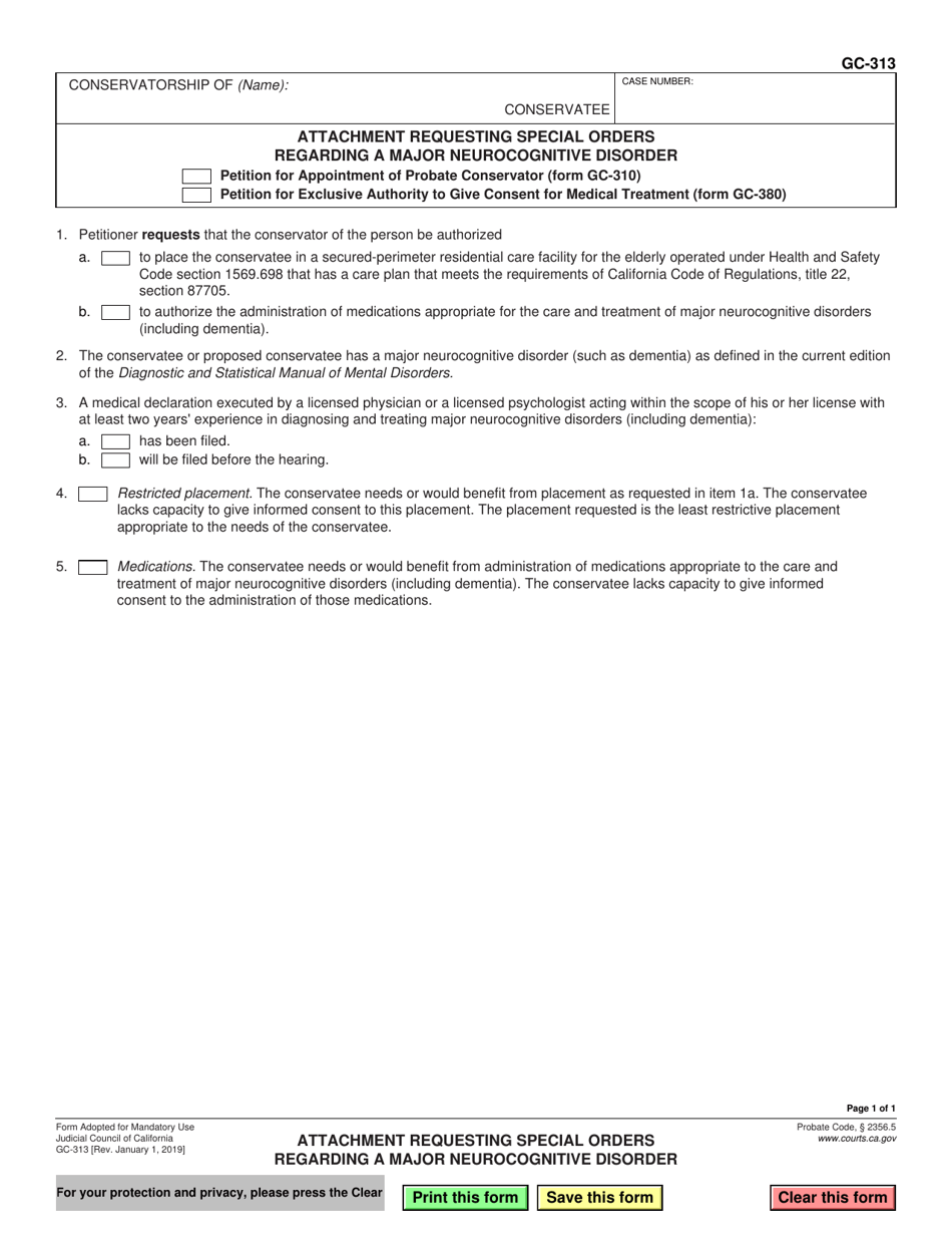 Form GC-313 Attachment Requesting Special Orders Regarding Dementia - California, Page 1