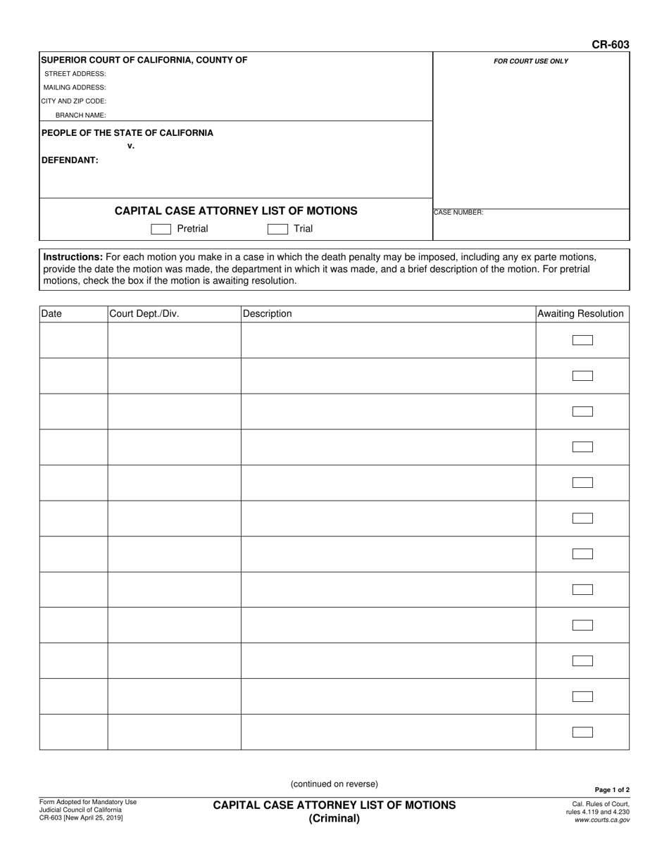 Form CR-603 Capital Case Attorney List of Motions - California, Page 1