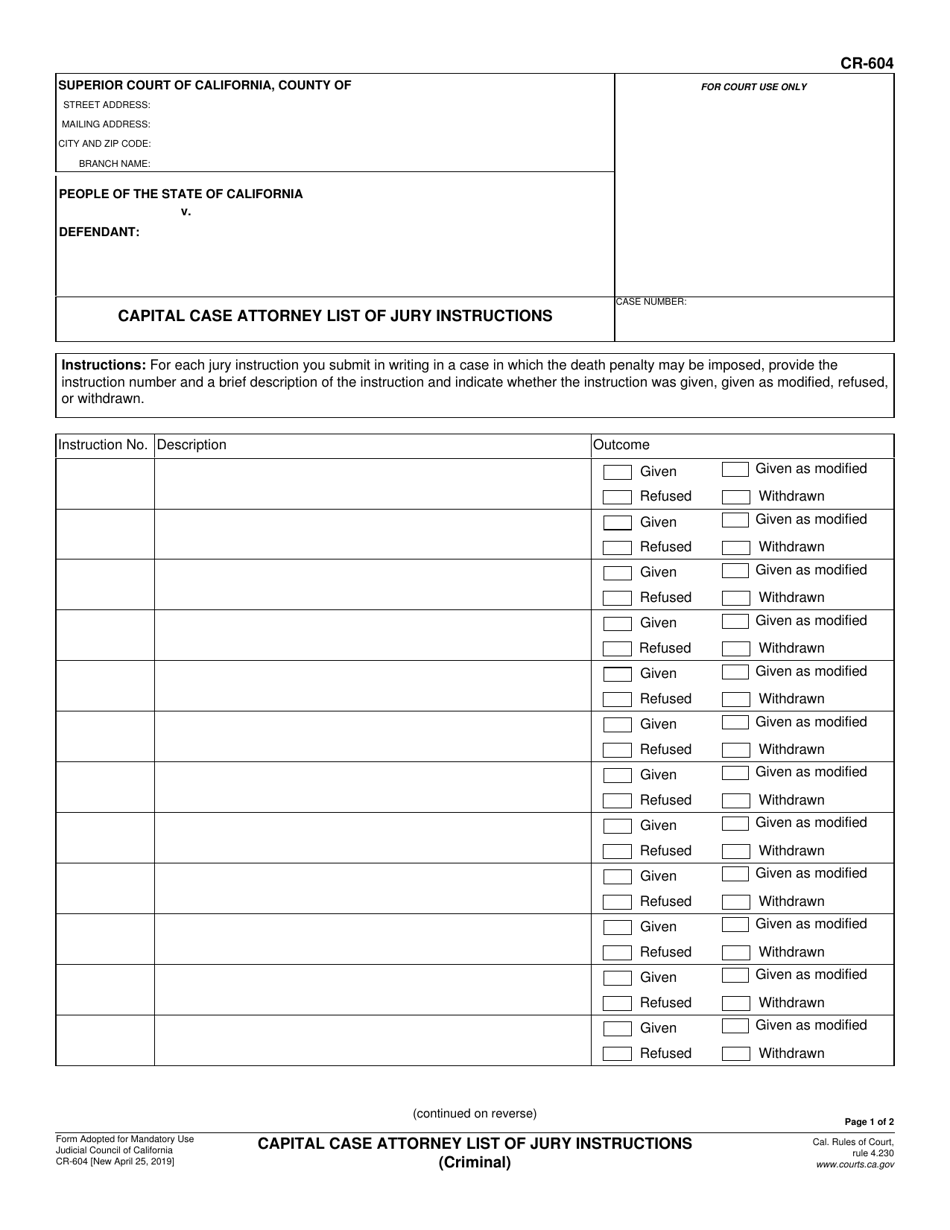 Form CR-604 Capital Case Attorney List of Jury Instructions - California, Page 1
