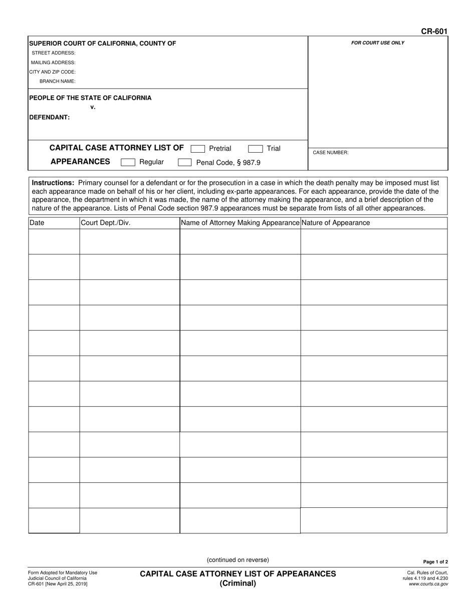 Form CR-601 Captal Case Attorney List of Appearances - California, Page 1