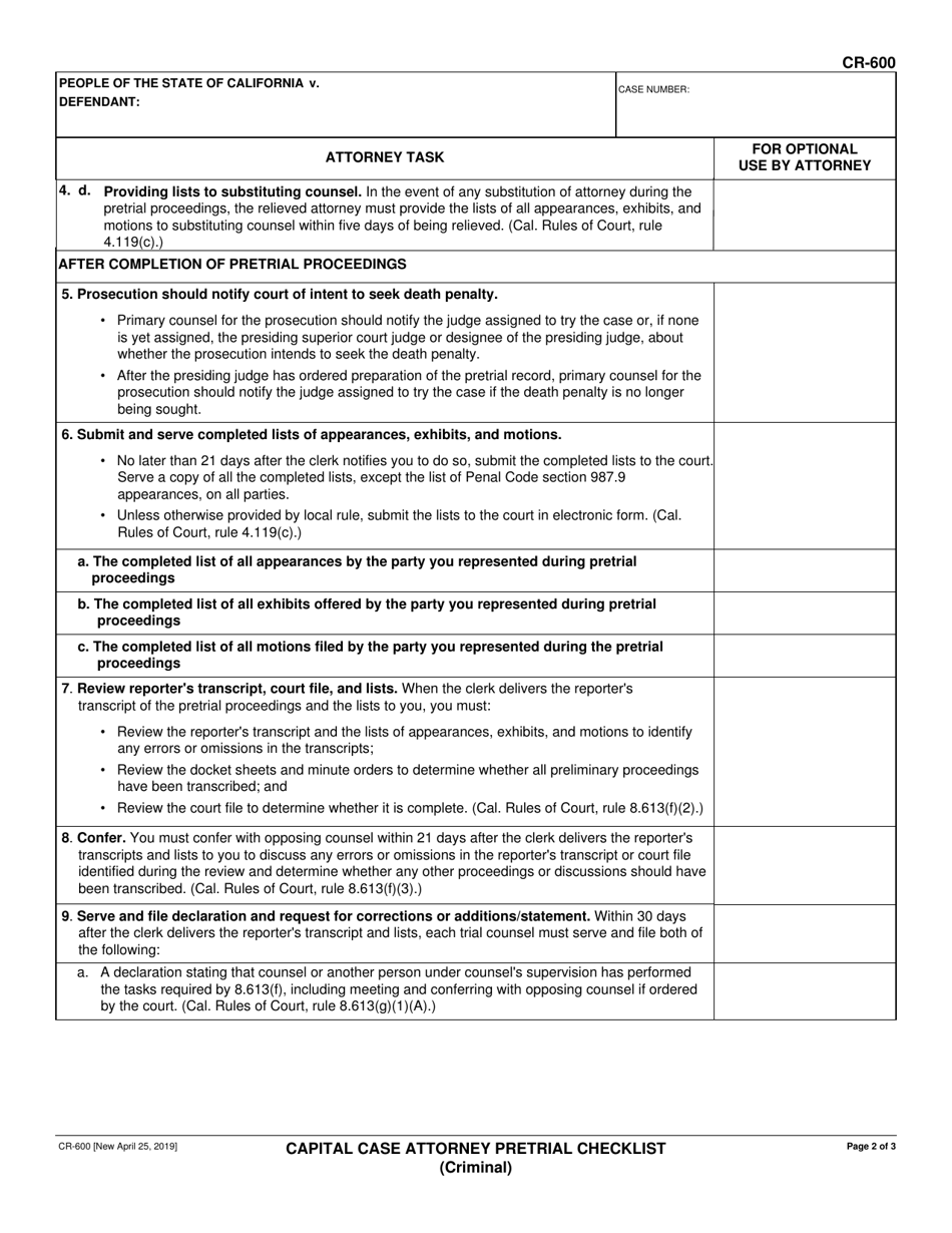 Form CR-600 Capital Case Attorney Pretrial Checklist - California, Page 2