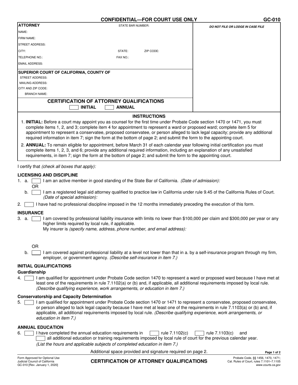 Form GC-010 Certification of Attorney Qualifications - California, Page 1