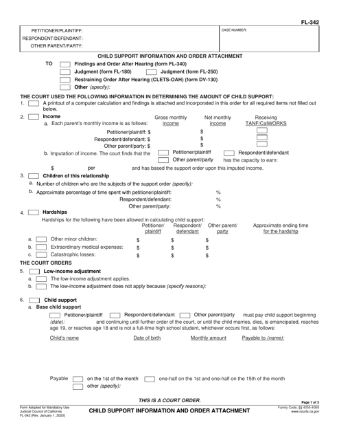 Form FL-342 Child Support Information and Order Attachment - California