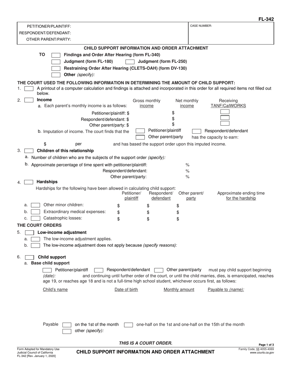 Form FL-342 Child Support Information and Order Attachment - California, Page 1