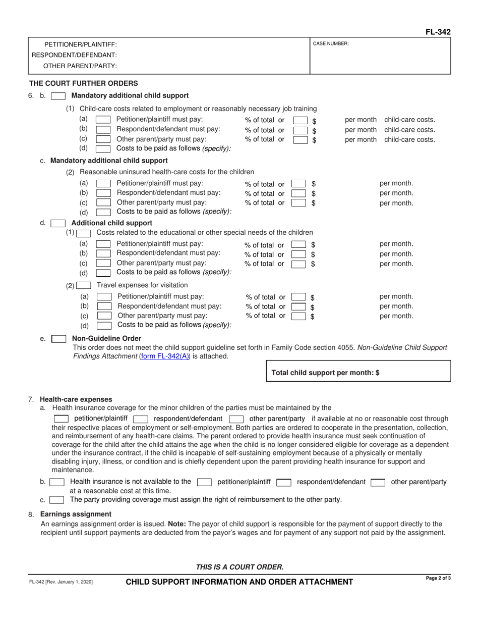 Form FL-342 Child Support Information and Order Attachment - California, Page 2