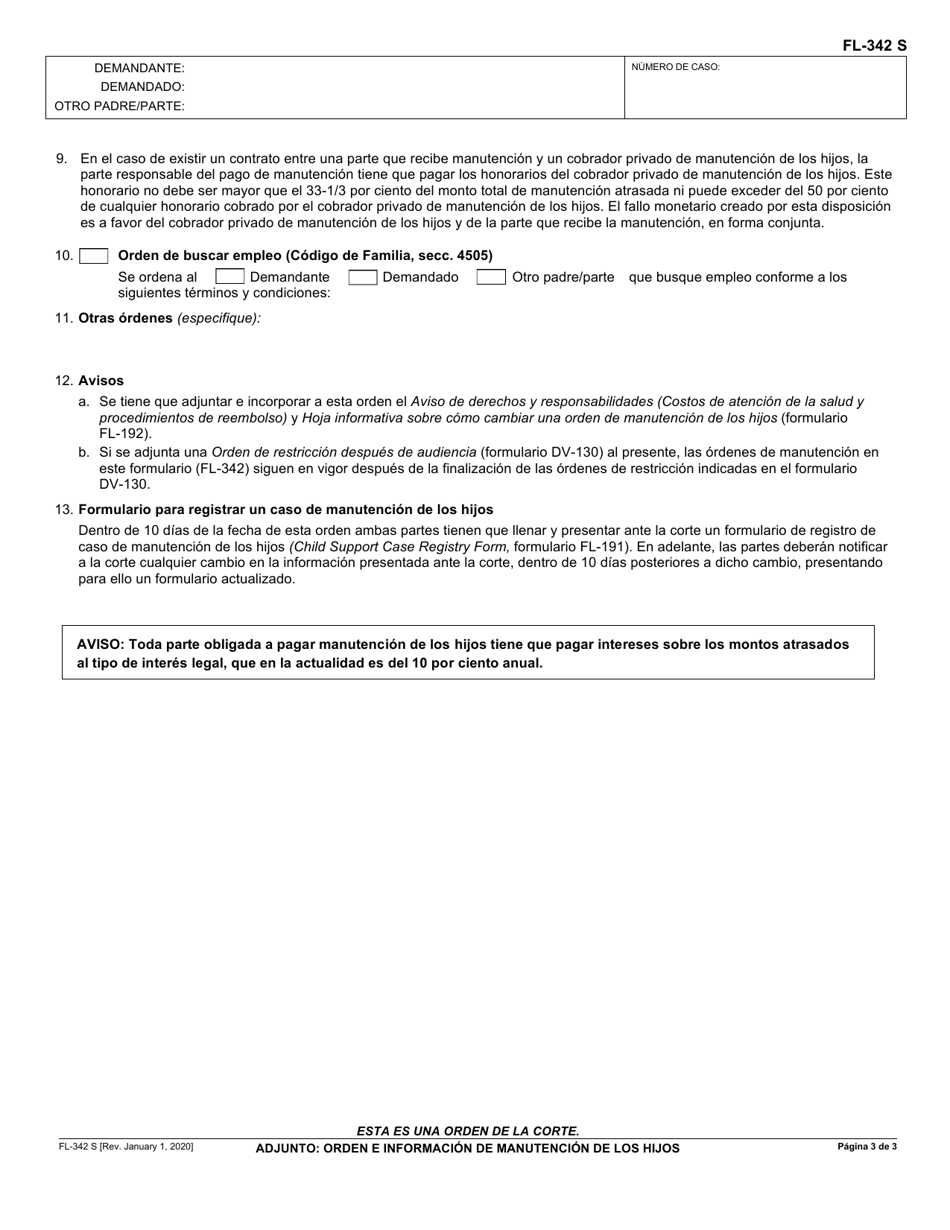Formulario FL-342 S Adjunto: Orden E Informacion De Manutencion De Los Hijos - California (Spanish), Page 3