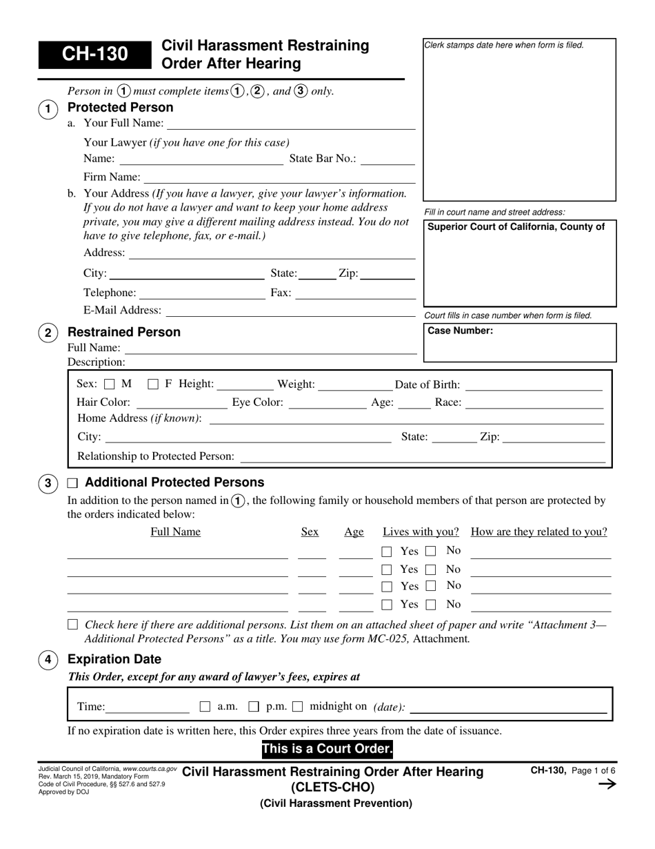 Form CH-130 Civil Harassment Restraining Order After Hearing - California, Page 1