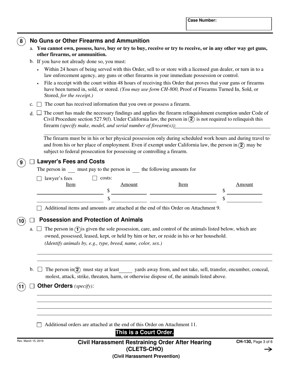 Form CH-130 Civil Harassment Restraining Order After Hearing - California, Page 3