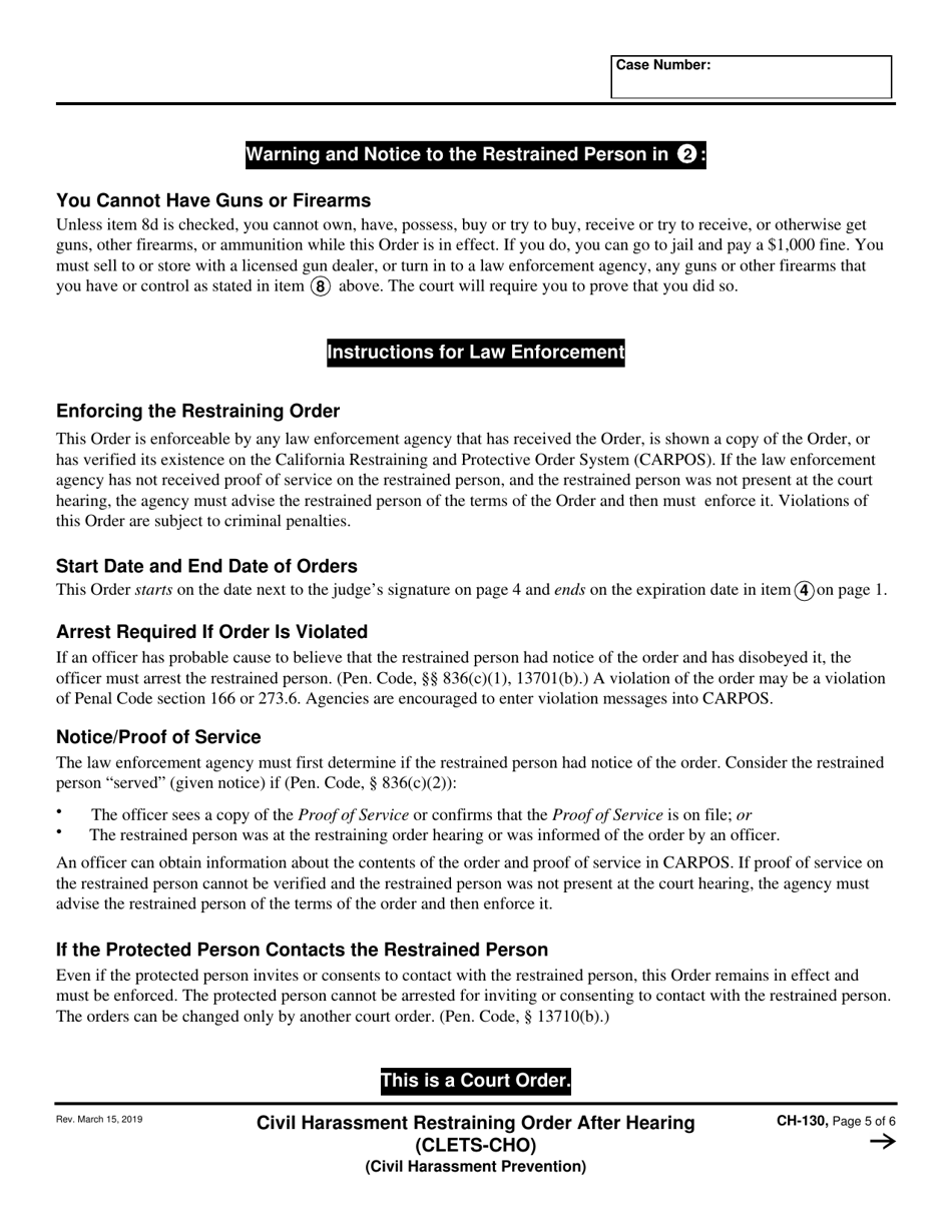 Form CH-130 Civil Harassment Restraining Order After Hearing - California, Page 5