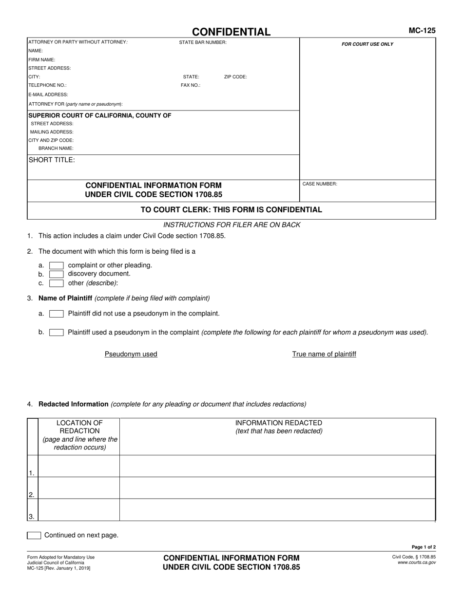 Form MC-125 Confidential Information Form Under Civil Code Section 1708.85 - California, Page 1