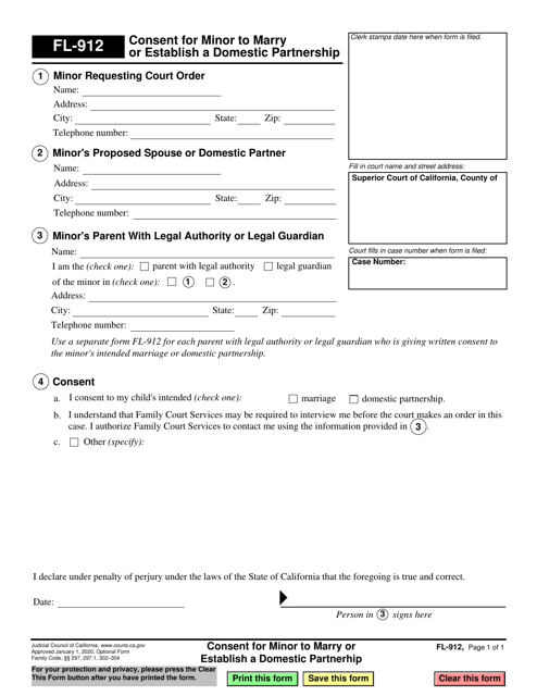 Form FL-912 Consent for Minor to Marry or Establish a Domestic Partnership - California