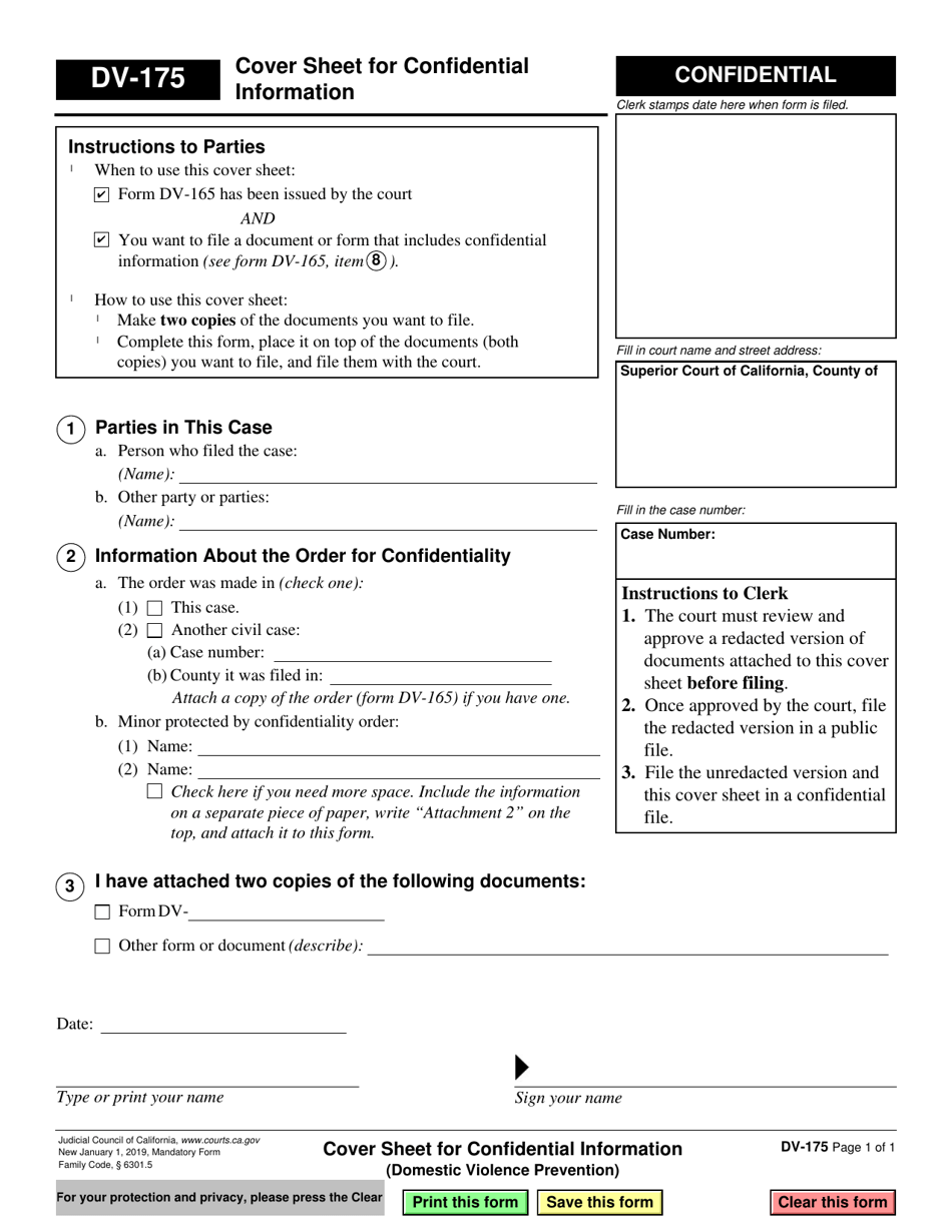Form DV-175 Cover Sheet for Confidential Information (Domestic Violence Prevention) - California, Page 1