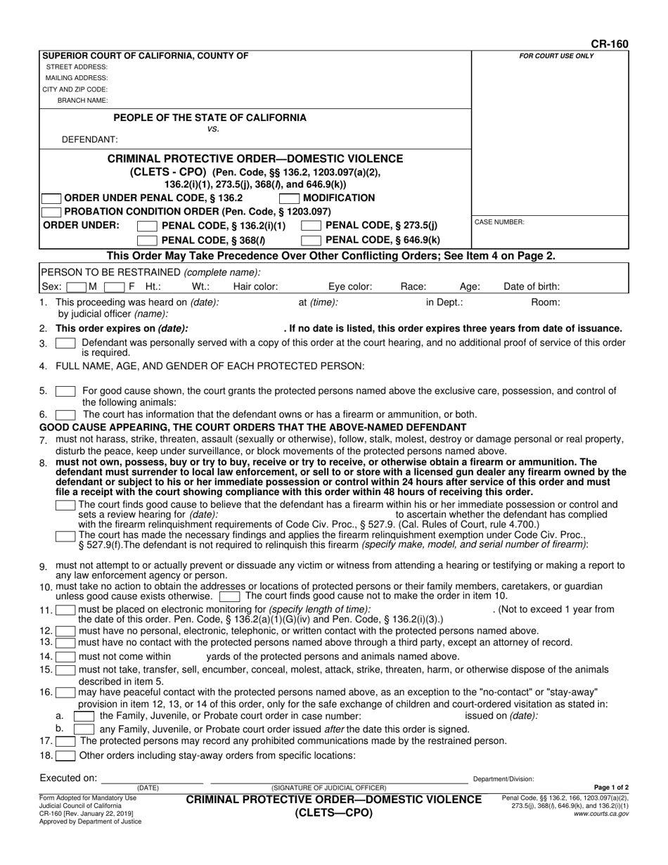 Form CR-160 Criminal Protective Order - Domestic Violence (Clets - Cpo) - California, Page 1