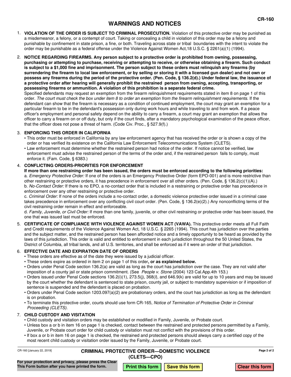 Form CR-160 Criminal Protective Order - Domestic Violence (Clets - Cpo) - California, Page 2