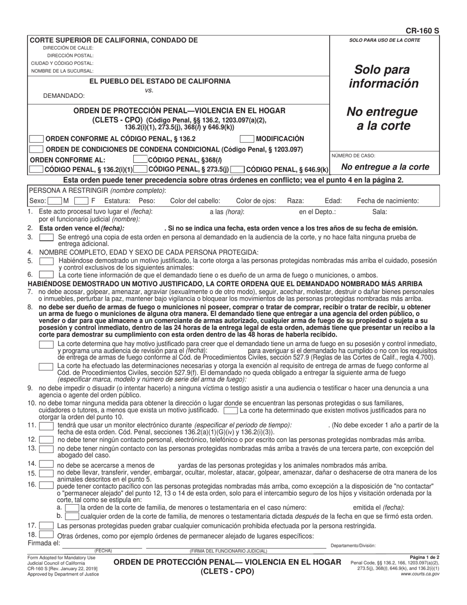 Formulario CR-160 S Orden De Proteccion Penalviolencia En El Hogar (Clets - Cpo) - California (Spanish), Page 1