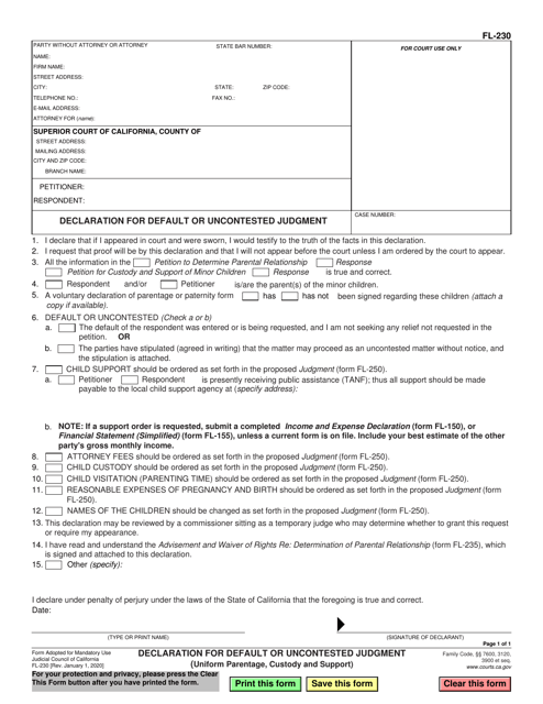 Form FL-230 Declaration for Default or Uncontested Judgment - California