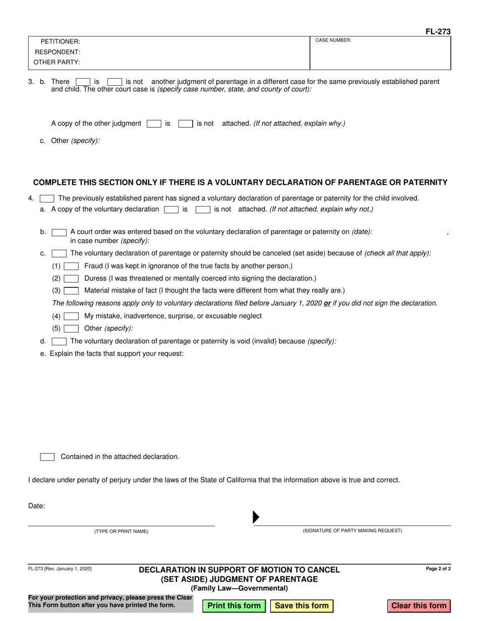 Form FL-273 Declaration in Support of Motion to Cancel (Set Aside) Judgment of Parentage - California, Page 2