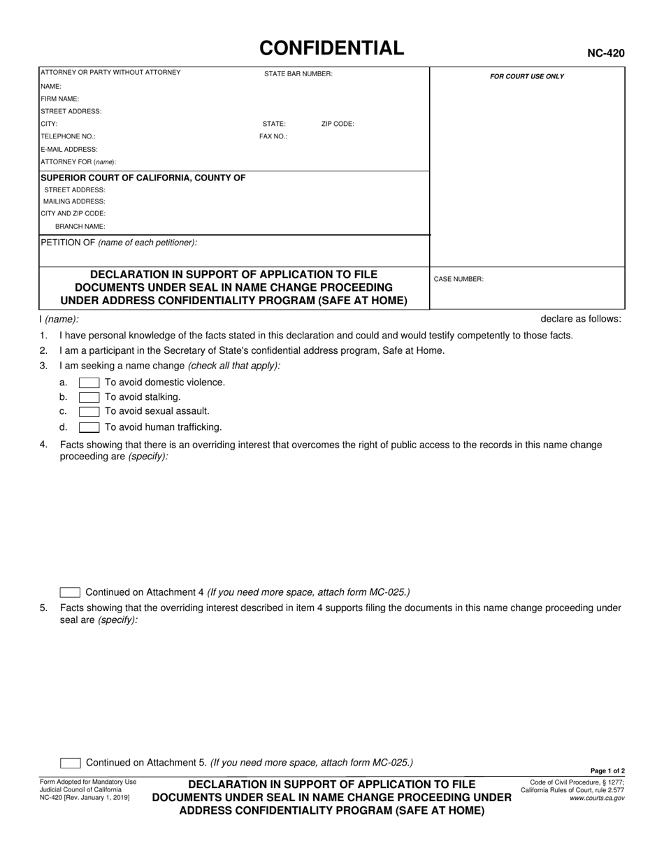 Form NC-420 Declaration in Support of Application to File Documents Under Seal in Name Change Proceeding Under Address Confidentiality Program (Safe at Home) - California, Page 1