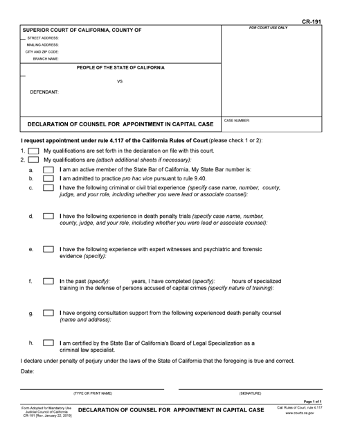 Form CR-191 Declaration of Counsel for Appointment in Capital Case - California