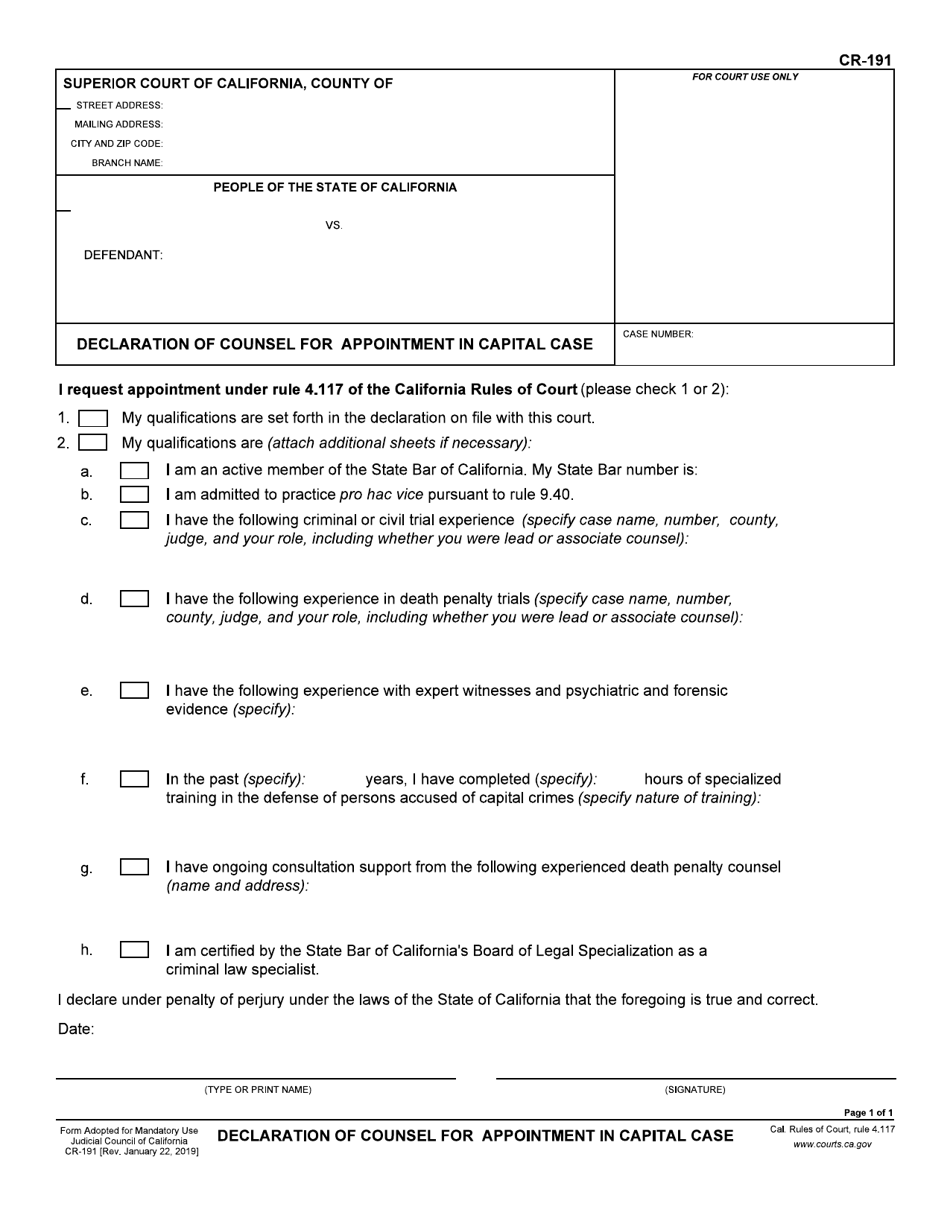 Form CR-191 Declaration of Counsel for Appointment in Capital Case - California, Page 1