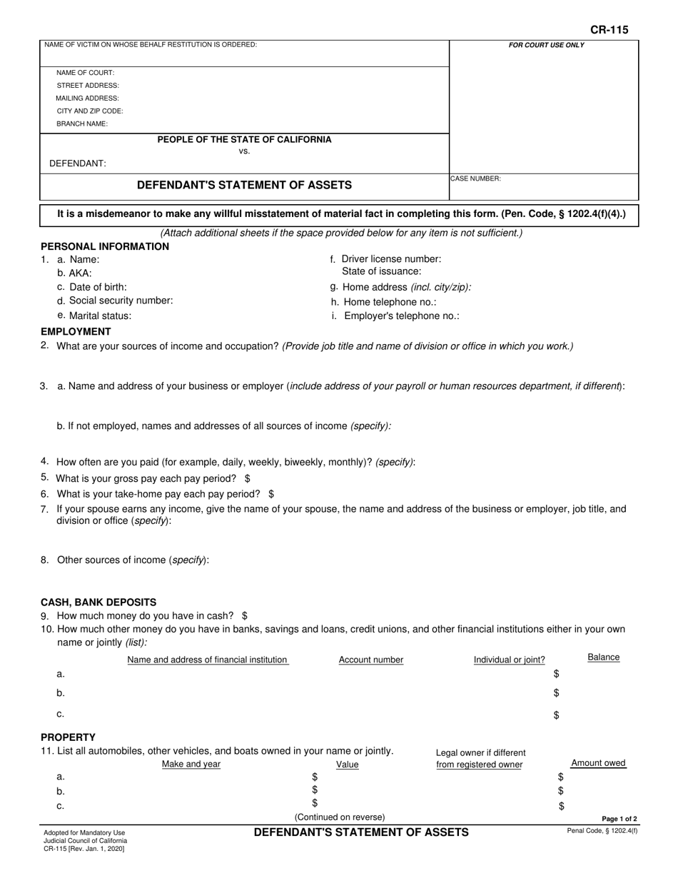 Form CR-115 Defendants Statement of Assets - California, Page 1