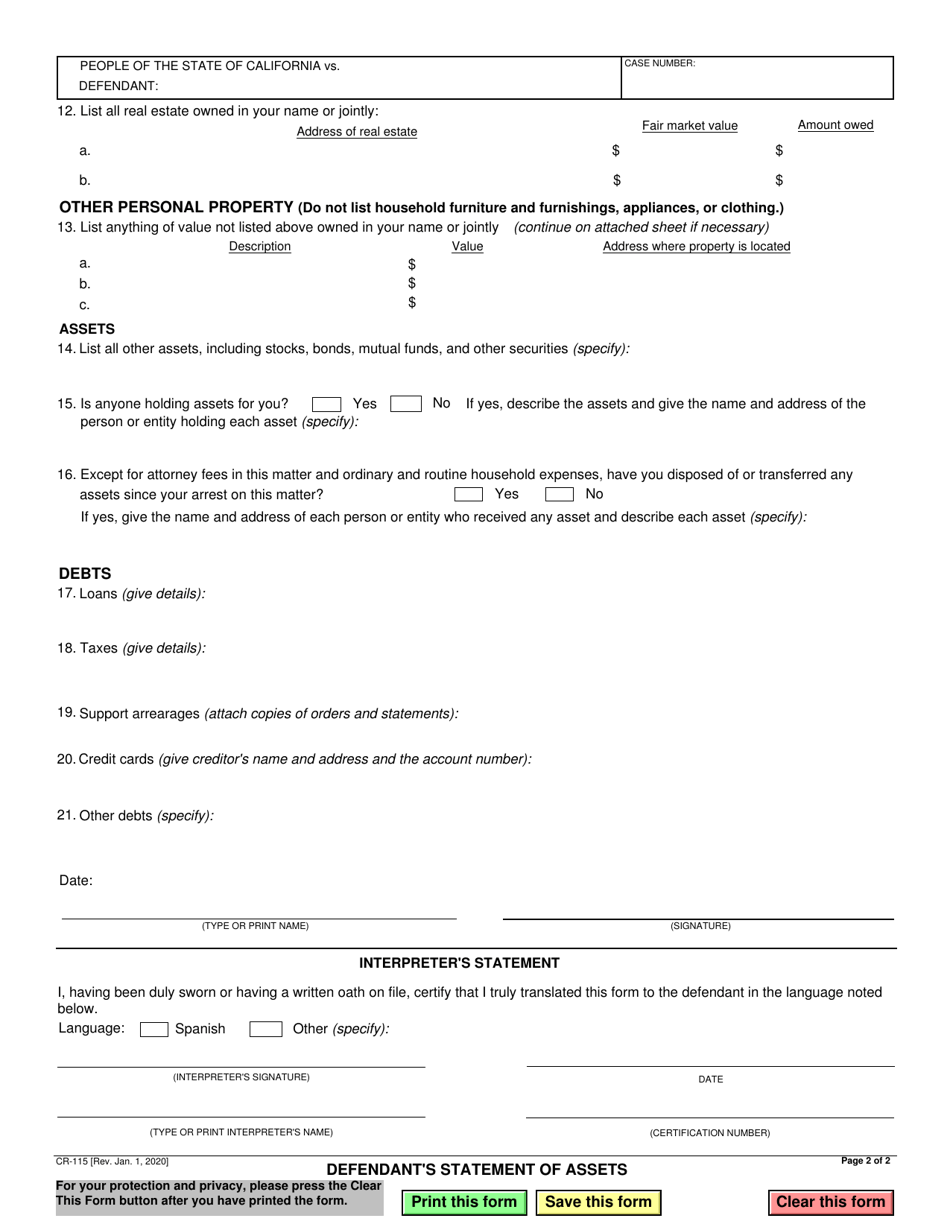 Form CR-115 Defendants Statement of Assets - California, Page 2