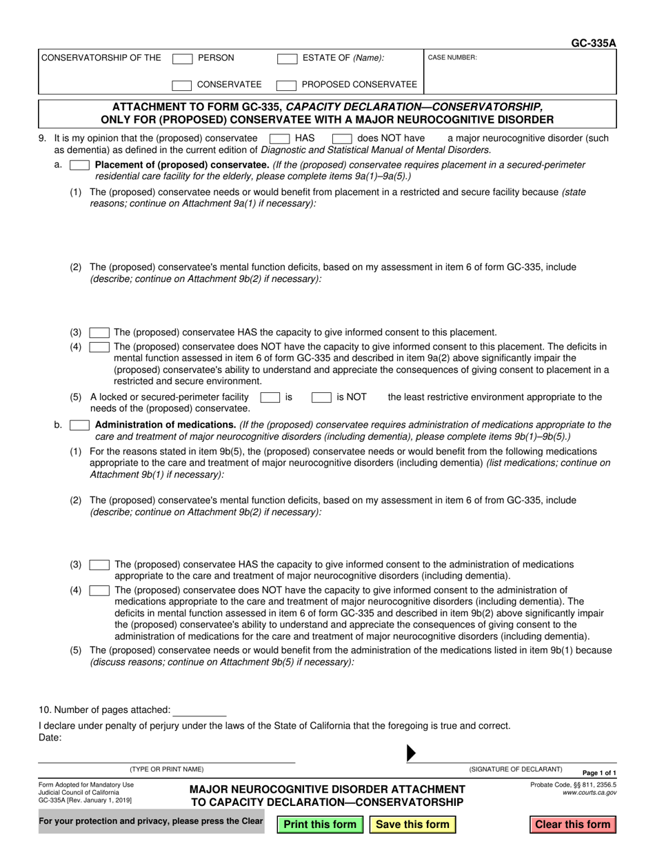 Form GC-335A Dementia Attachment to Capacity Declaration -conservatorship - California, Page 1