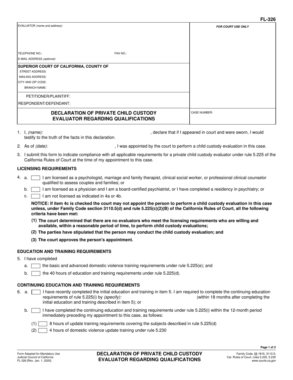 Form FL-326 Declaration of Private Child Custody Evaluator Regarding Qualifications - California, Page 1