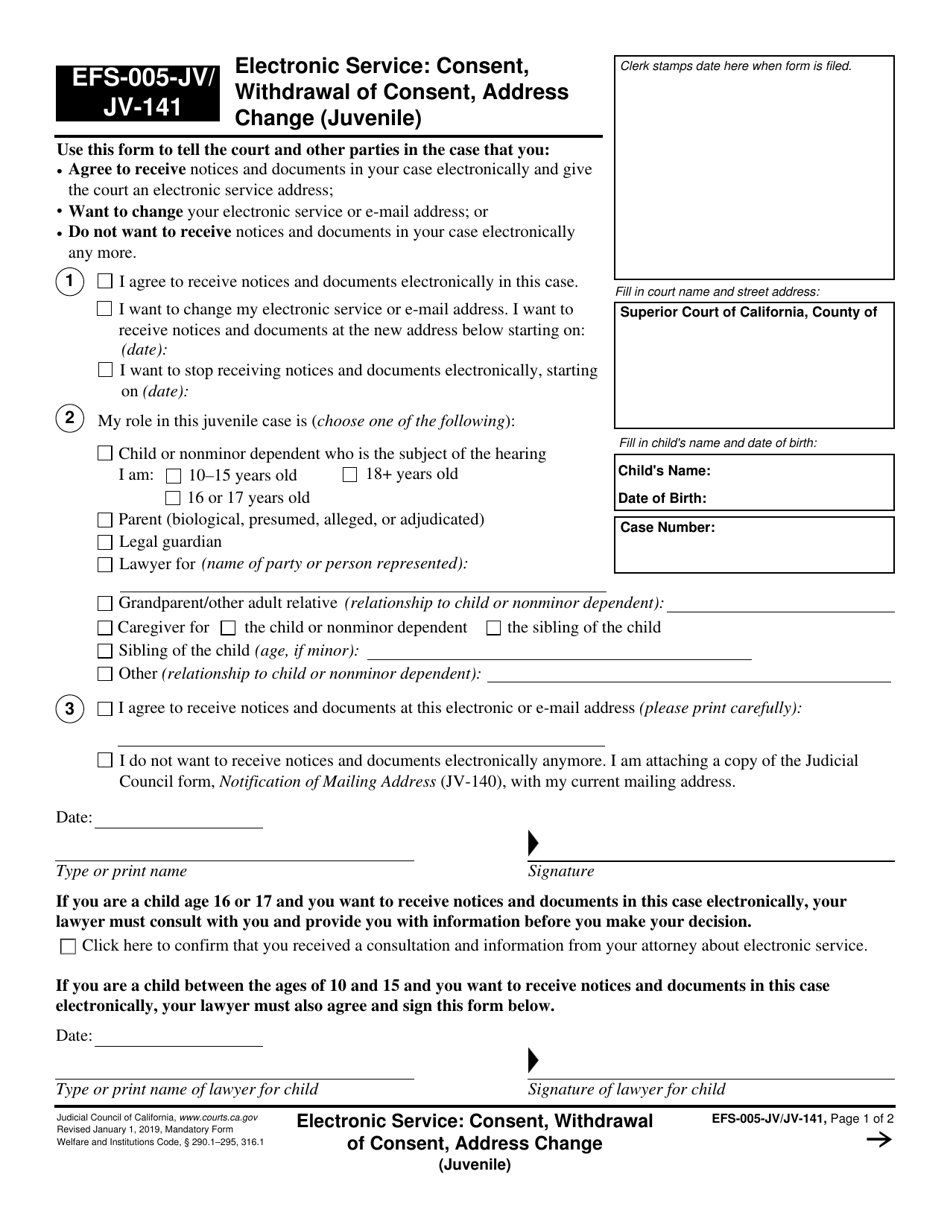 Form EFS-005-JV (JV-141) Electronic Service: Consent, Withdrawal of Consent, Address Change (Juvenile) - California, Page 1