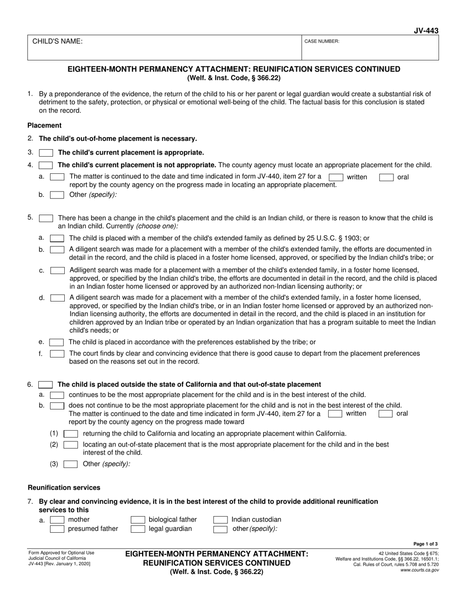 Form JV-443 Eighteen-Month Permanency Attachment: Reunification Services Continued - California, Page 1