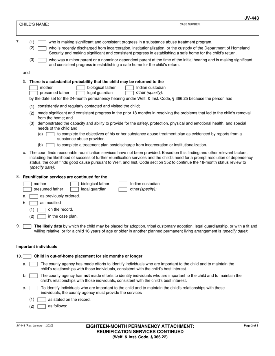 Form JV-443 Eighteen-Month Permanency Attachment: Reunification Services Continued - California, Page 2