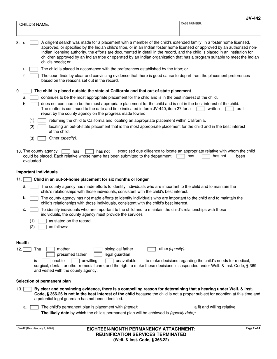 Form JV-442 Eighteen-Month Permanency Attachment: Reunification Services Terminated (Welf.  Inst. Code, 366.22) - California, Page 2