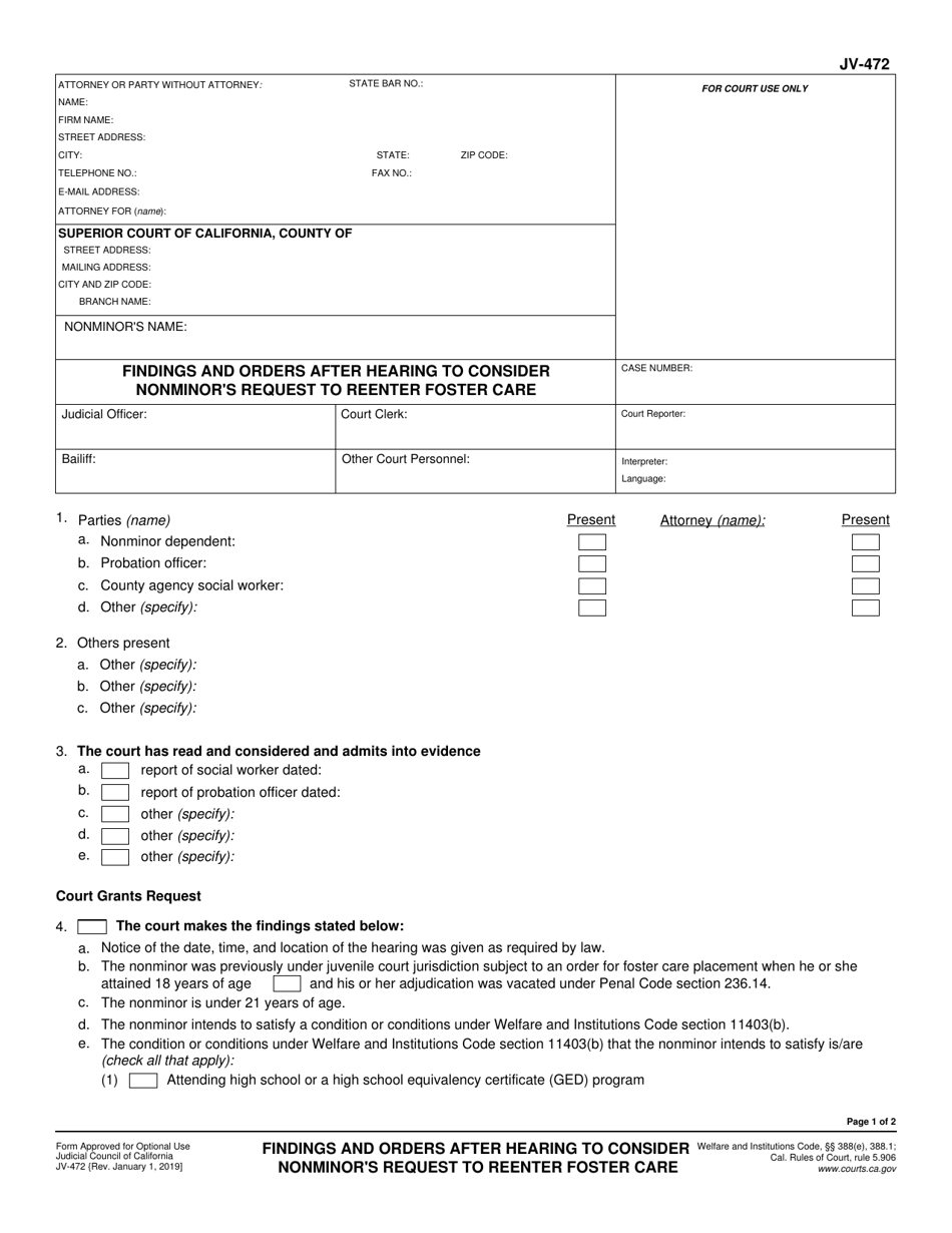 Form JV-472 Findings and Orders After Hearing to Consider Nonminors Request to Reenter Foster Care - California, Page 1