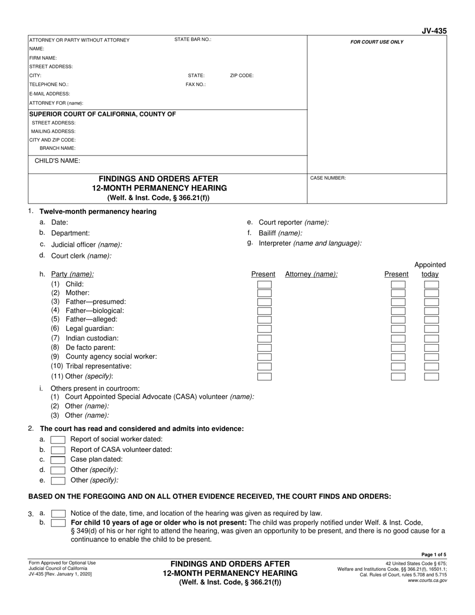 Form JV-435 Findings and Orders After 12-month Permanency Hearing - California, Page 1