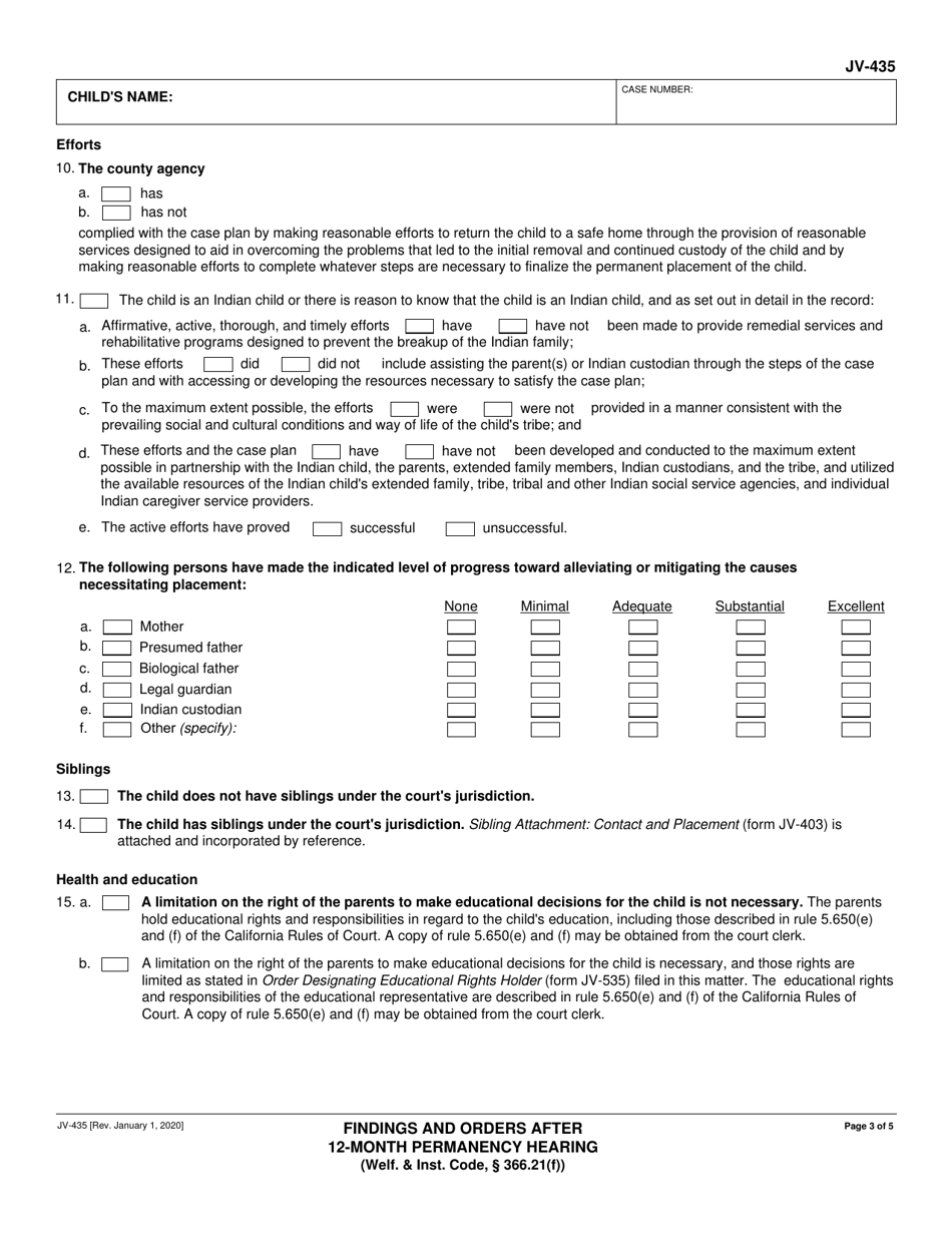 Form JV-435 Findings and Orders After 12-month Permanency Hearing - California, Page 3