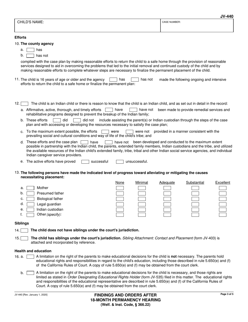 Form JV-440 Download Fillable PDF or Fill Online Findings and Orders ...