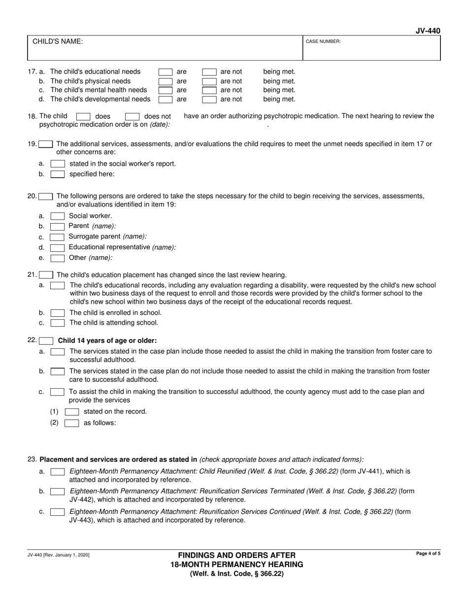 Form JV-440 Findings and Orders After 18-month Permanency Hearing (Welf.  Inst. Code, 366.22) - California, Page 4